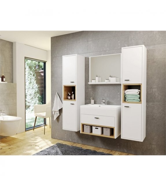 OLIE - Ensemble de salle de bain avec 2 colonnes et 1 miroir - Blanc-bois