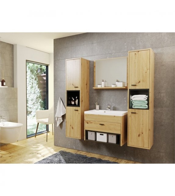 OLIE - Ensemble de salle de bain avec 2 colonnes et 1 miroir - Noir-bois