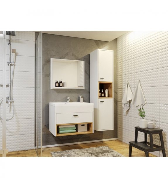 OLIE - Ensemble de salle de bain avec 1 colonne et 1 miroir - Blanc-bois