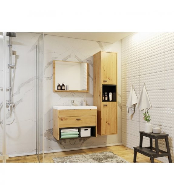 OLIE - Ensemble de salle de bain avec 1 colonne et 1 miroir - Noir-bois