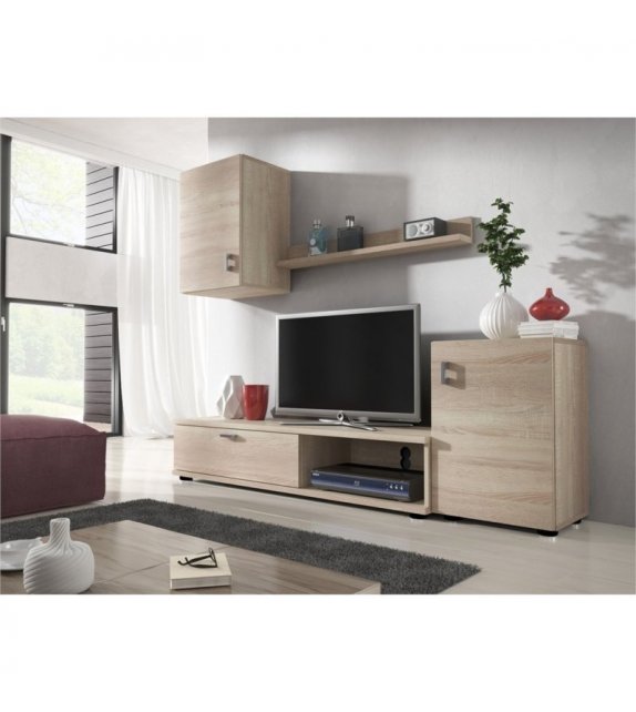 LIVIA - Meuble TV 1 porte avec étagère et colonne murale - Bois