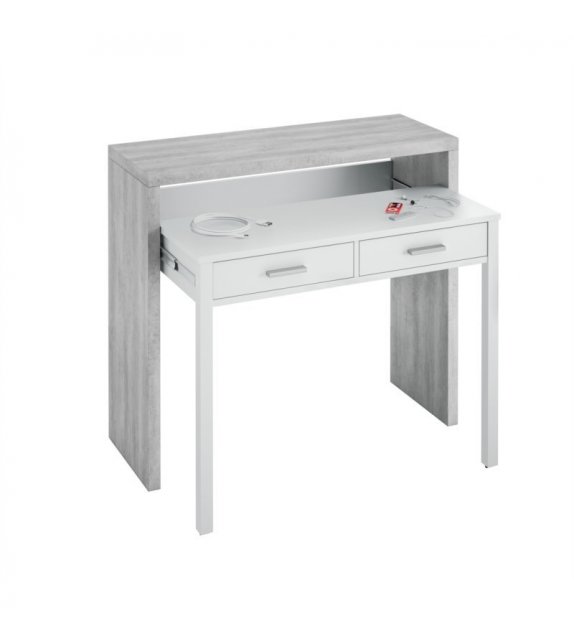 FOBUR - Bureau console extensible 2 tiroirs L100 cm - Blanc-béton